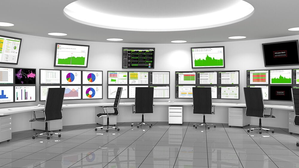 A room with computers and monitors