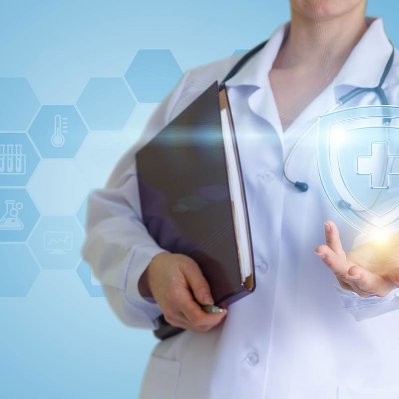 A doctor holding a book and a shield