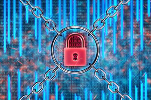A lock in a circle surrounded by chains